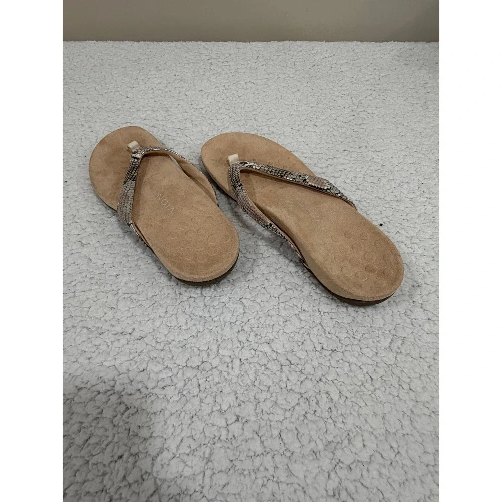 Vionic Dillon Womens 12 Tan Snakeskin Thong Sandals Arch Support Comfort Boho